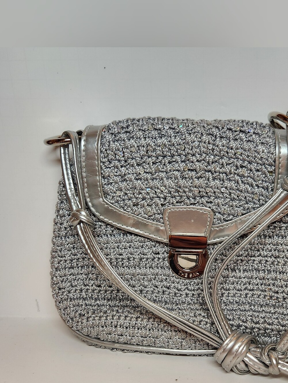 The Sak Small Crochet Shoulder Bag Purse Silver Sequins Evening